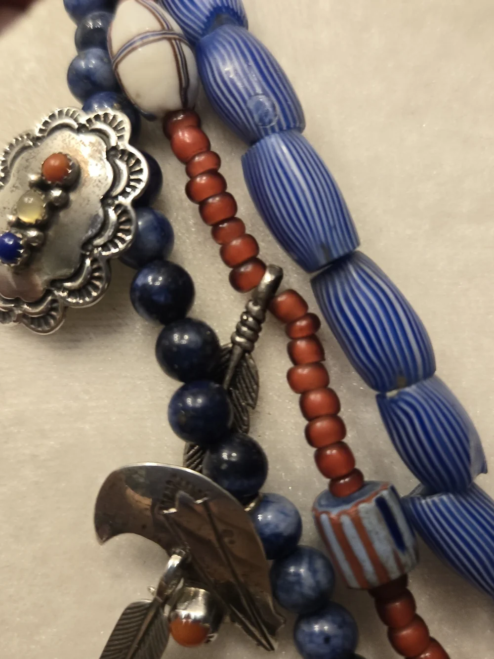 Vintage 925 Tasco Layered Blue & Coral Beaded Cross Necklace - Unbranded